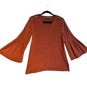 Travelers by Chico's Gold Accents V-Neck Long Bell Sleeve Top  Women 0/S Brown